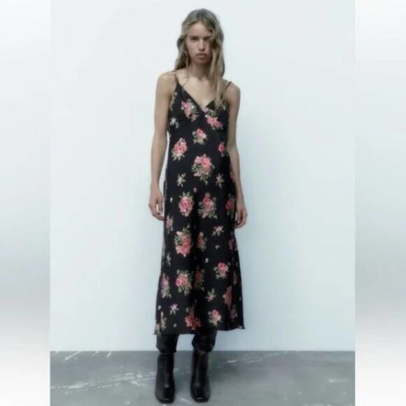 Zara Black Floral Satin Effect Midi Slip Dress with Spaghetti Straps Size Large - Picture 11 of 11